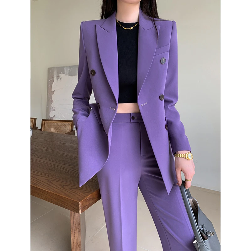【轻奢高端】紫色西装套装女2025新款秋冬季职业装喇叭裤休闲西服外