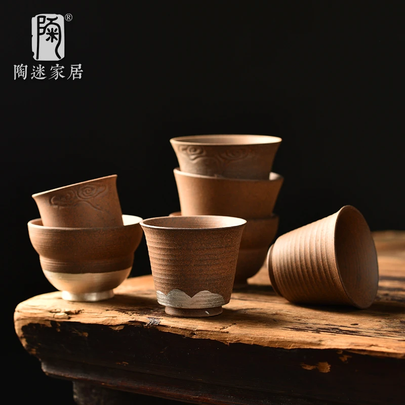 陶迷原矿粗陶茶杯鎏银主人杯茶盏复古陶瓷品茗杯功夫茶具茶碗单杯