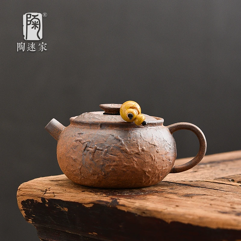 陶迷复古无釉茶壶粗陶小平壶个性装饰小容量单人壶侘寂风功夫茶具