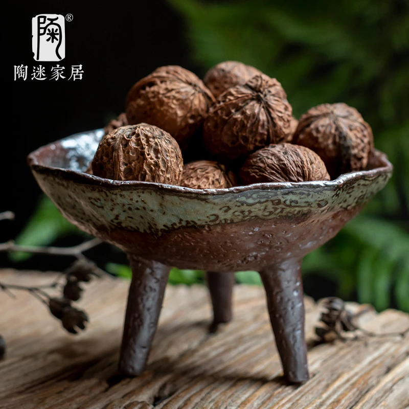 陶迷清水柴烧三足果盘复古陶瓷水果干果零食托盘坚果点心收纳盘