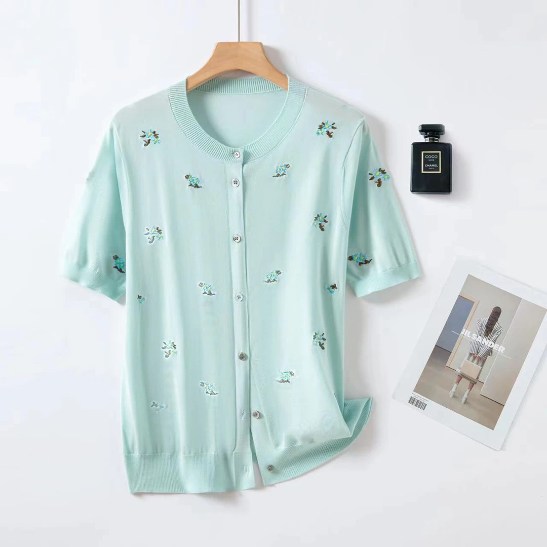 超禾【刺绣小花】100天丝薄款针织开衫短袖温柔气质上衣薄荷曼波