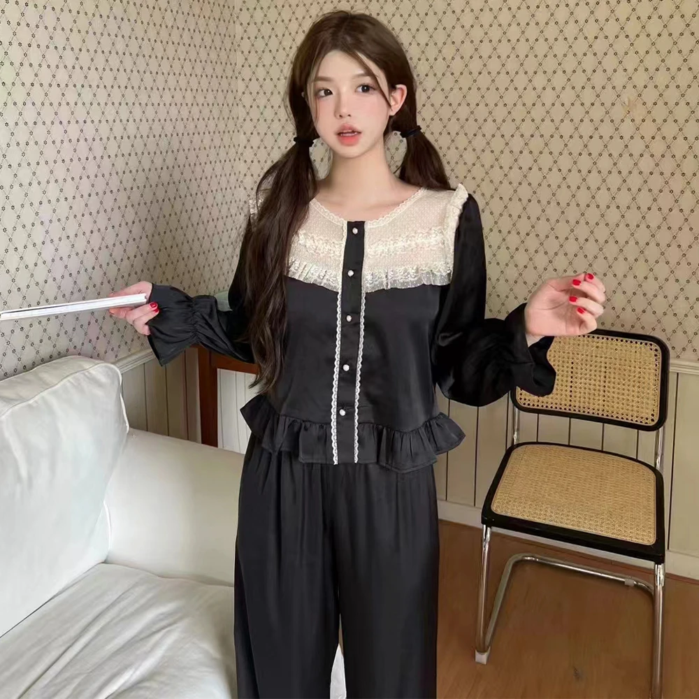 【夜半】长袖睡衣女套装贡缎软丝薄款长袖长裤家居服黑色蕾丝小众