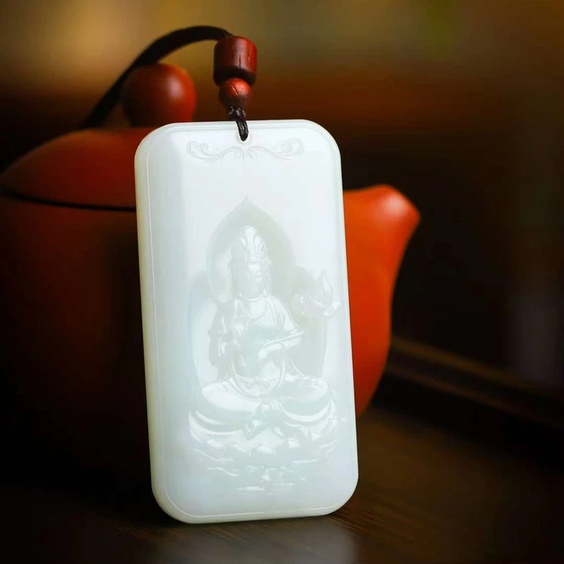 玉器工艺品天然新疆和田玉俄料羊脂级白玉莲花观音男款挂件送证书