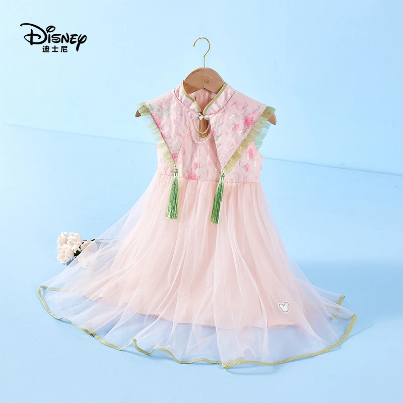 Disney/迪士尼夏款新品儿童女童古风淑女流苏纱裙绣花洋气连衣裙
