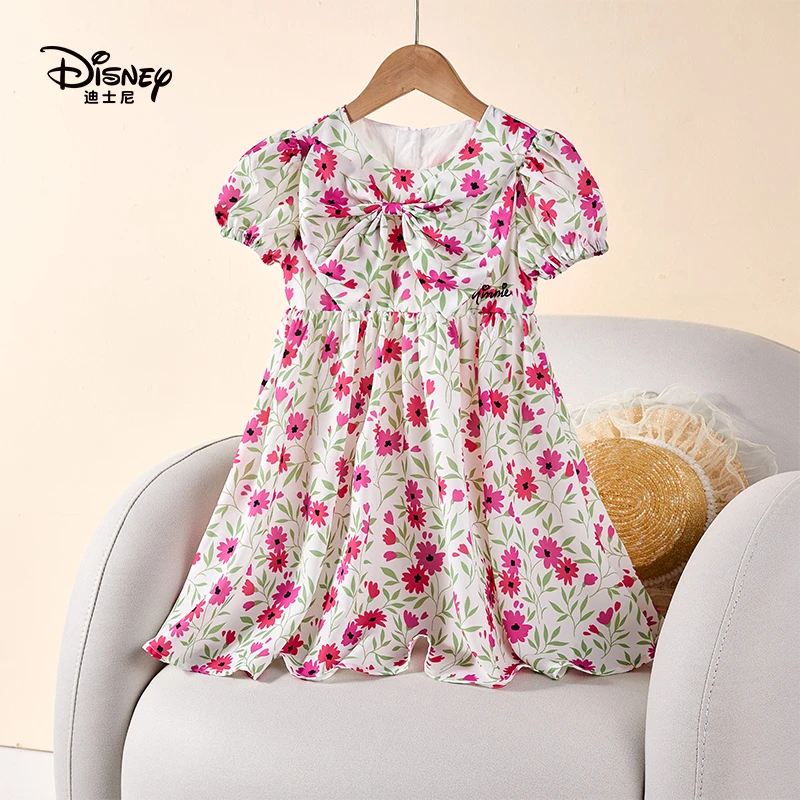 Disney/迪士尼女童春夏连衣裙满印时尚碎花淑女复古泡泡袖公主裙