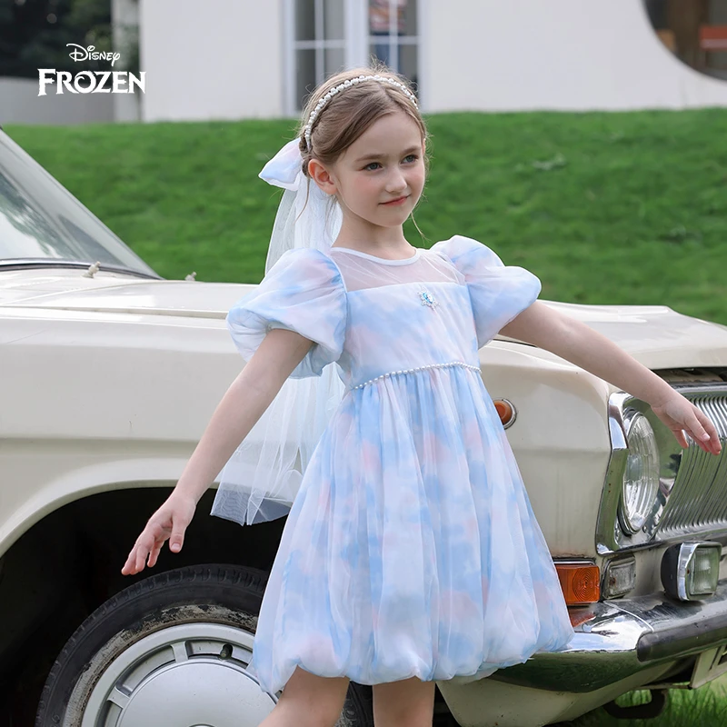 Disney/迪士尼时尚公主艾莎碎花连衣裙夏日洋气甜美泡泡袖公主裙