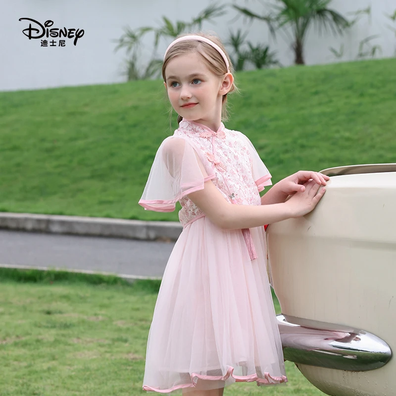 Disney/迪士尼春夏女童连衣裙复古卡通印花古风新中式公主连衣裙