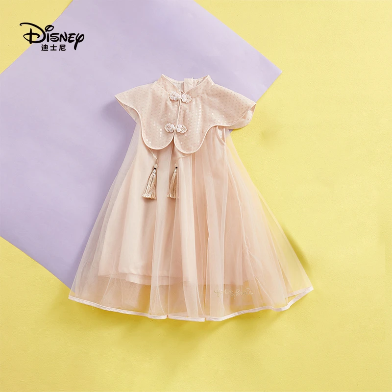 Disney/迪士尼夏日女童云肩连衣裙洋气a字复古淑女公主纯色连衣裙