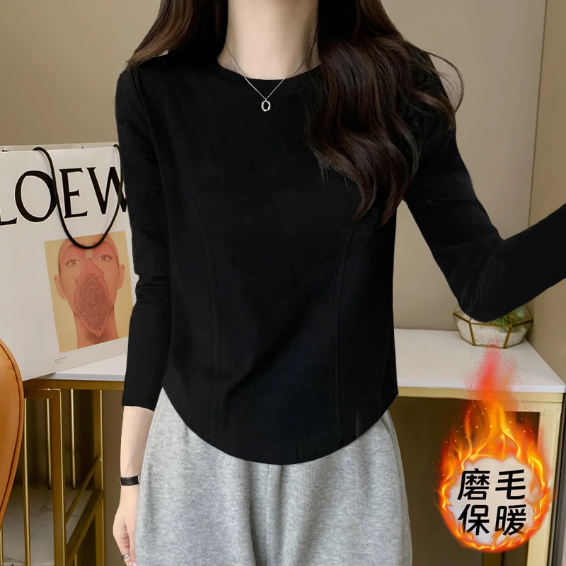 正肩T恤女修身磨毛哺乳衣打底衫内搭秋冬简约圆孤形下摆长袖上衣