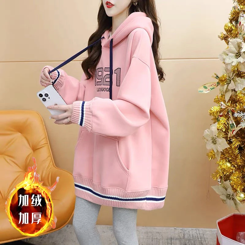 哺乳衣服秋冬款连帽加绒加厚卫衣刺绣辣妈款产后长款保暖喂奶衣潮