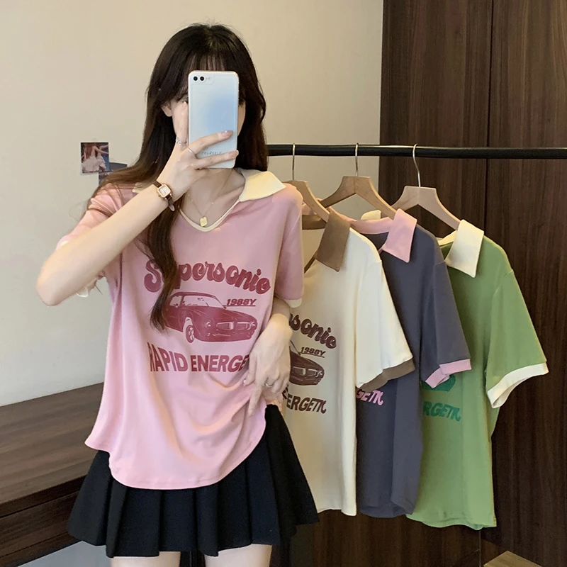 哺乳衣外穿夏季短袖T恤胖mm显瘦时尚正肩海鸥领印花大码喂奶上衣