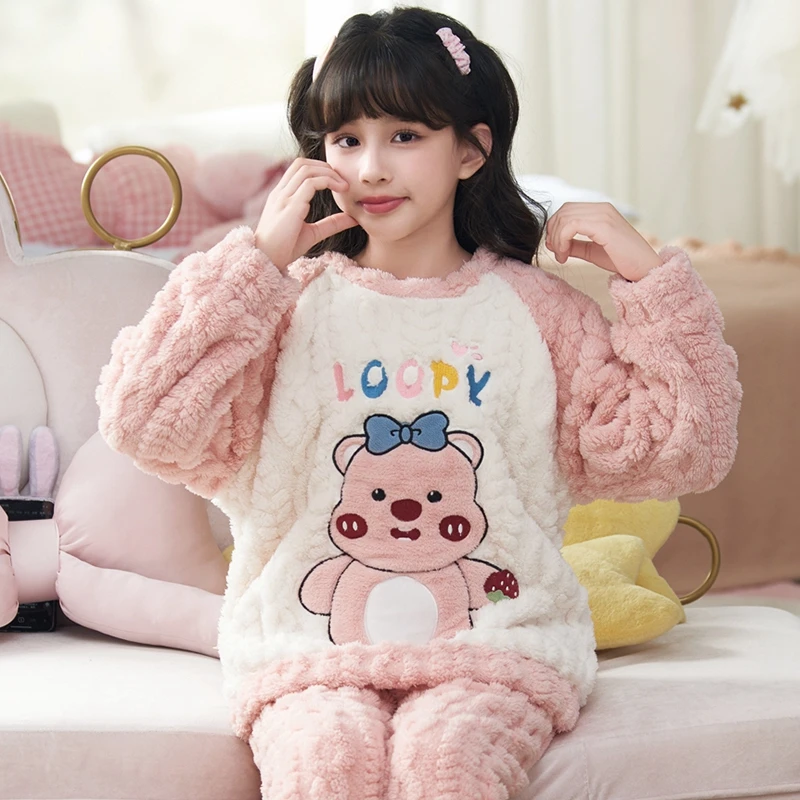 儿童睡衣秋冬季法兰绒女童加厚珊瑚绒保暖甜美公主中大童学生套装