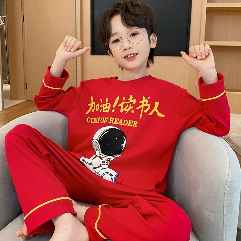 儿童纯棉睡衣春秋季新款长袖男童红色薄款全棉卡通男孩大红色套装