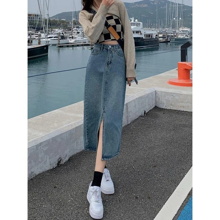 开叉半身裙女夏季女装新款设计高腰a字中长款包臀牛仔裙子