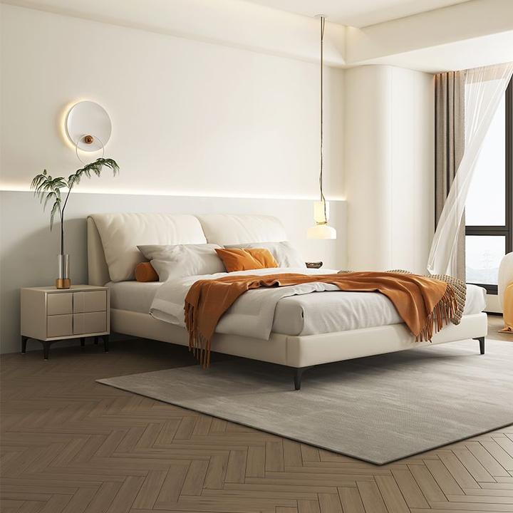 现代简约风真皮床意式时尚轻奢奶油风1.8米双人实木软包主卧大床