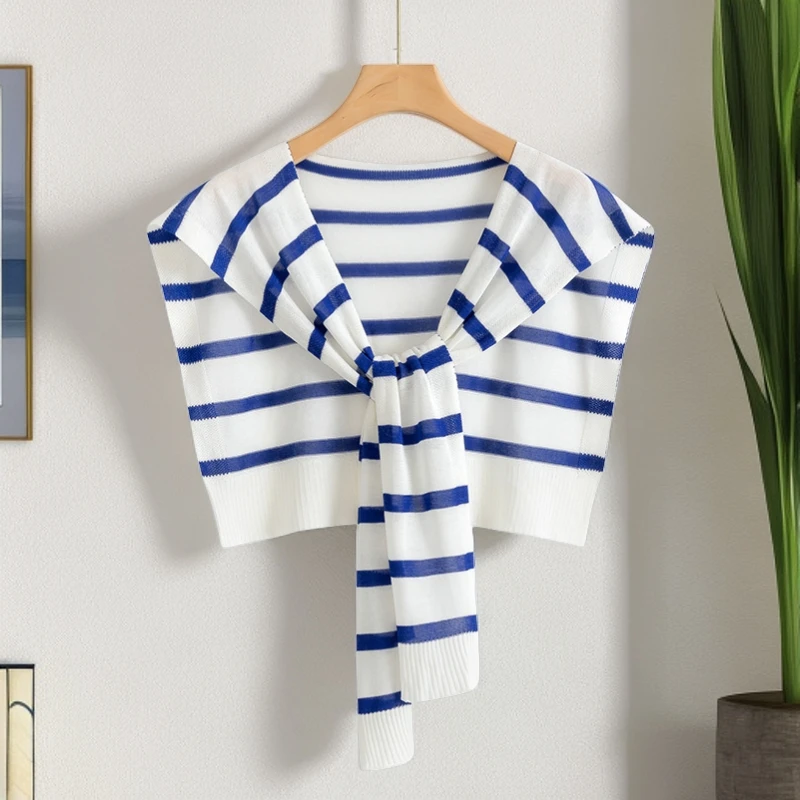 夏季条纹薄款针织小披肩女士交叉打结时尚新款搭肩护肩防晒坎肩潮