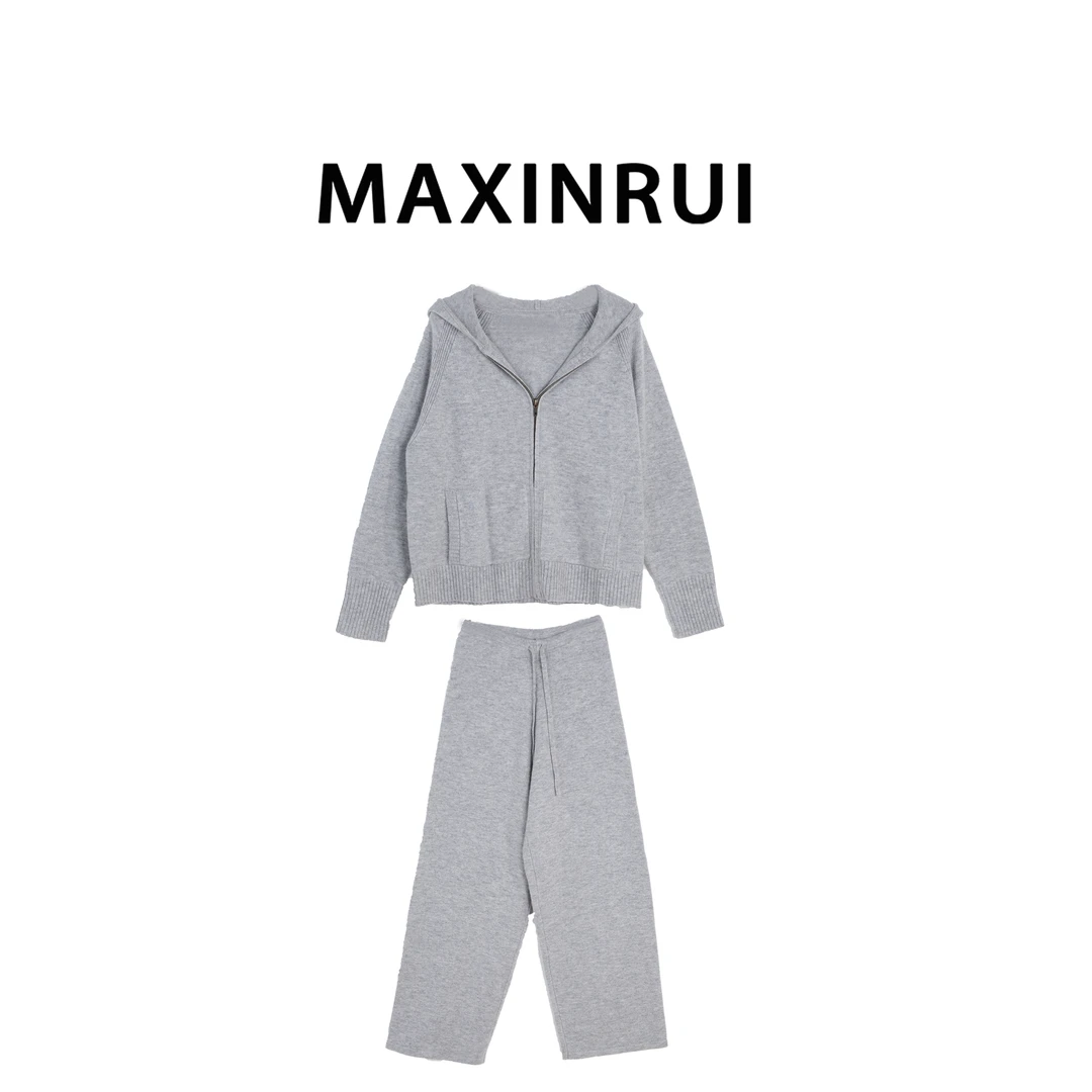 MAXINRUI 秋冬新款针织毛衣宽松百搭直筒长裤连帽开衫套装R8051