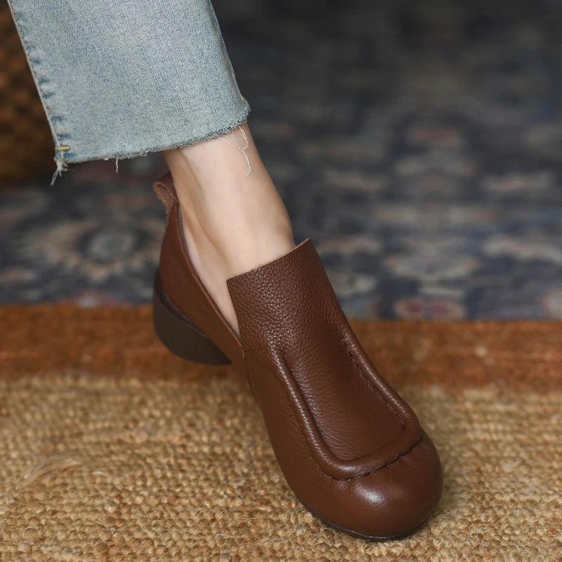 圆头深口单鞋女中跟2025秋款真皮舒适软皮一脚蹬粗跟复古小皮鞋女