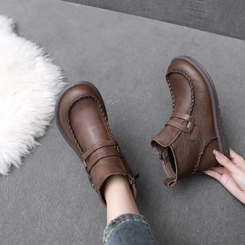 软皮软底复古小皮靴文艺休闲平底大头女靴2023新款春秋平底短靴女