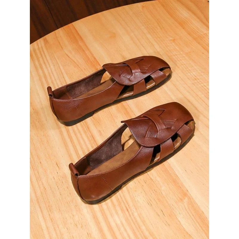 牛皮复古凉鞋真皮夏季镂空软底女凉鞋镂空休闲跳舞包头妈妈鞋透气