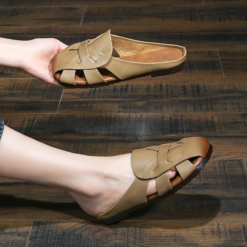 网红真皮面包头半拖鞋外穿平底鞋复古休闲凉拖鞋女鞋编制穆勒凉鞋