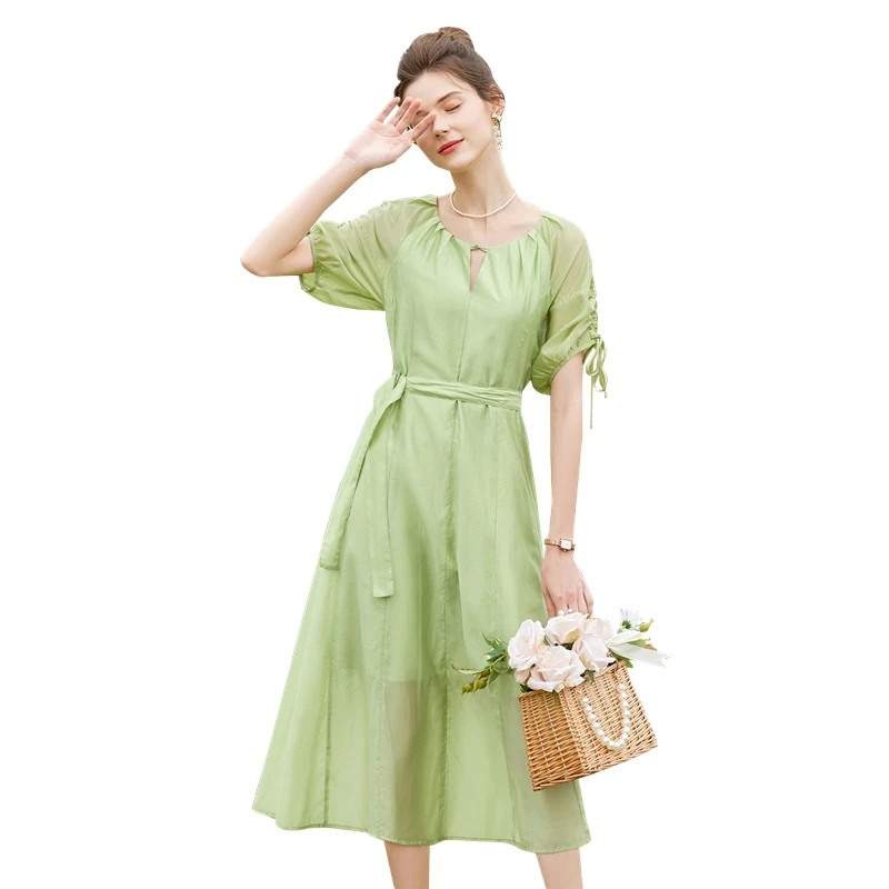 【品牌奥莱】她池2024夏装新款女宽松中长款系带连衣裙T42B1602L