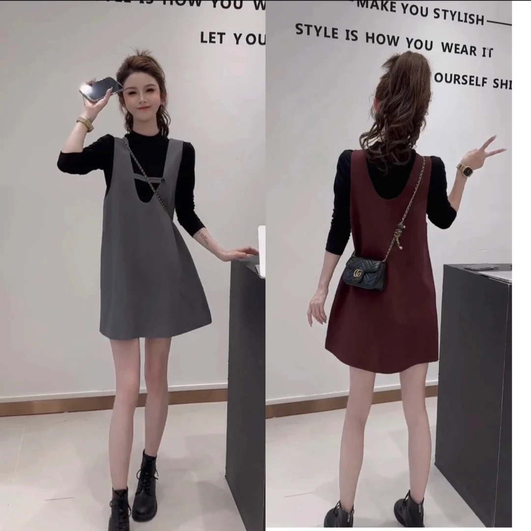 早秋洋气减龄显瘦套装温柔甜美休闲长袖打底衫背心连衣裙两件套