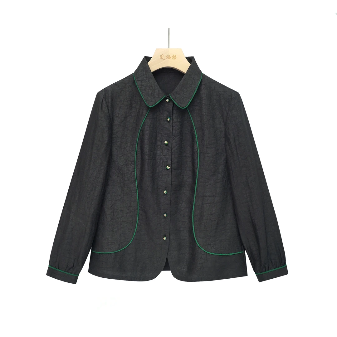 100%桑蚕丝香云纱黑色龟裂纹提花上衣气质百搭外套CD24049