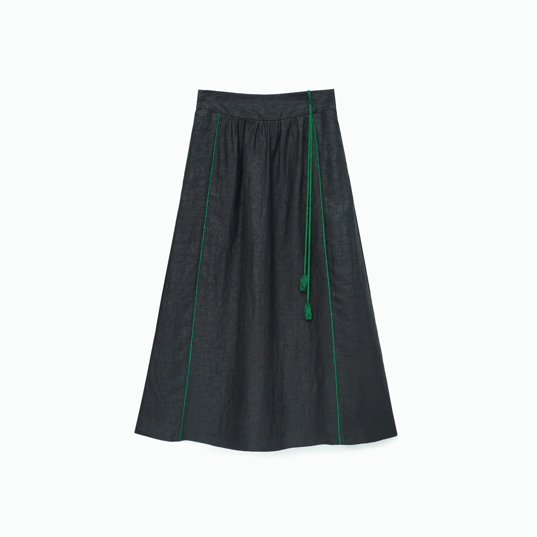 100%桑蚕丝香云纱黑色龟裂纹半松紧休闲百搭半身裙CD24052