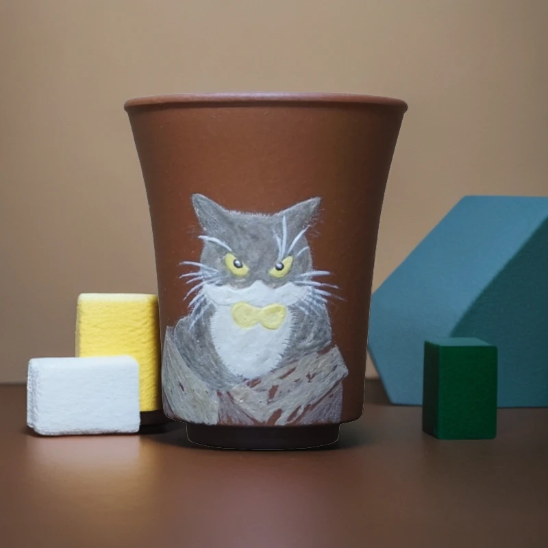 泥绘原矿紫砂大红袍朱泥主人杯《就不服》原创纯手工