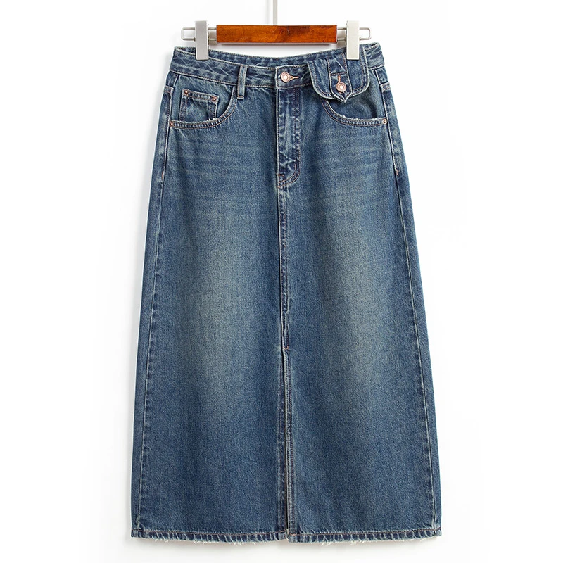 RAIN.CUN南辞·春夏款显瘦a字版型百棉中长款前开衩牛仔裙女10961