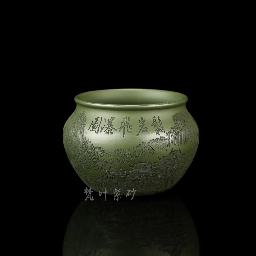 手工紫砂绿泥刻绘缸杯大容量主人杯刻绘山水180cc
