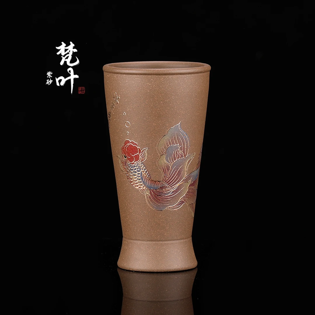 原矿蟹壳青高级珐琅彩描金龙鱼紫砂茶杯手工宜兴主人杯160cc