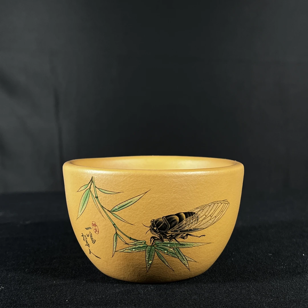 宜兴原矿紫砂主人杯手绘全手工双层镂空杯珐琅彩手绘卡金丝150cc