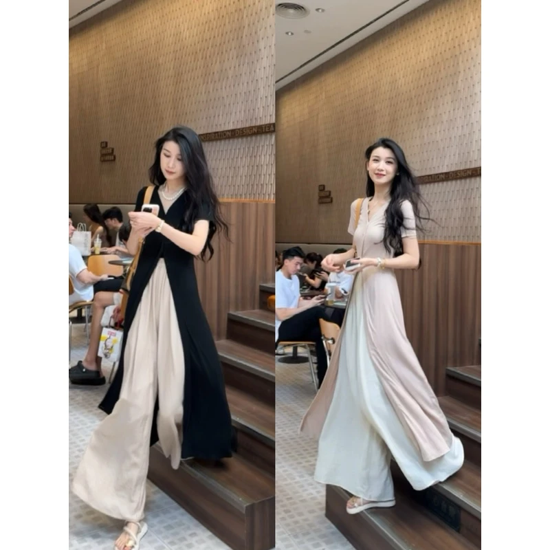 高级感风气质黑色上衣修身V领开衫中长款外套女慵懒风阔腿长裤