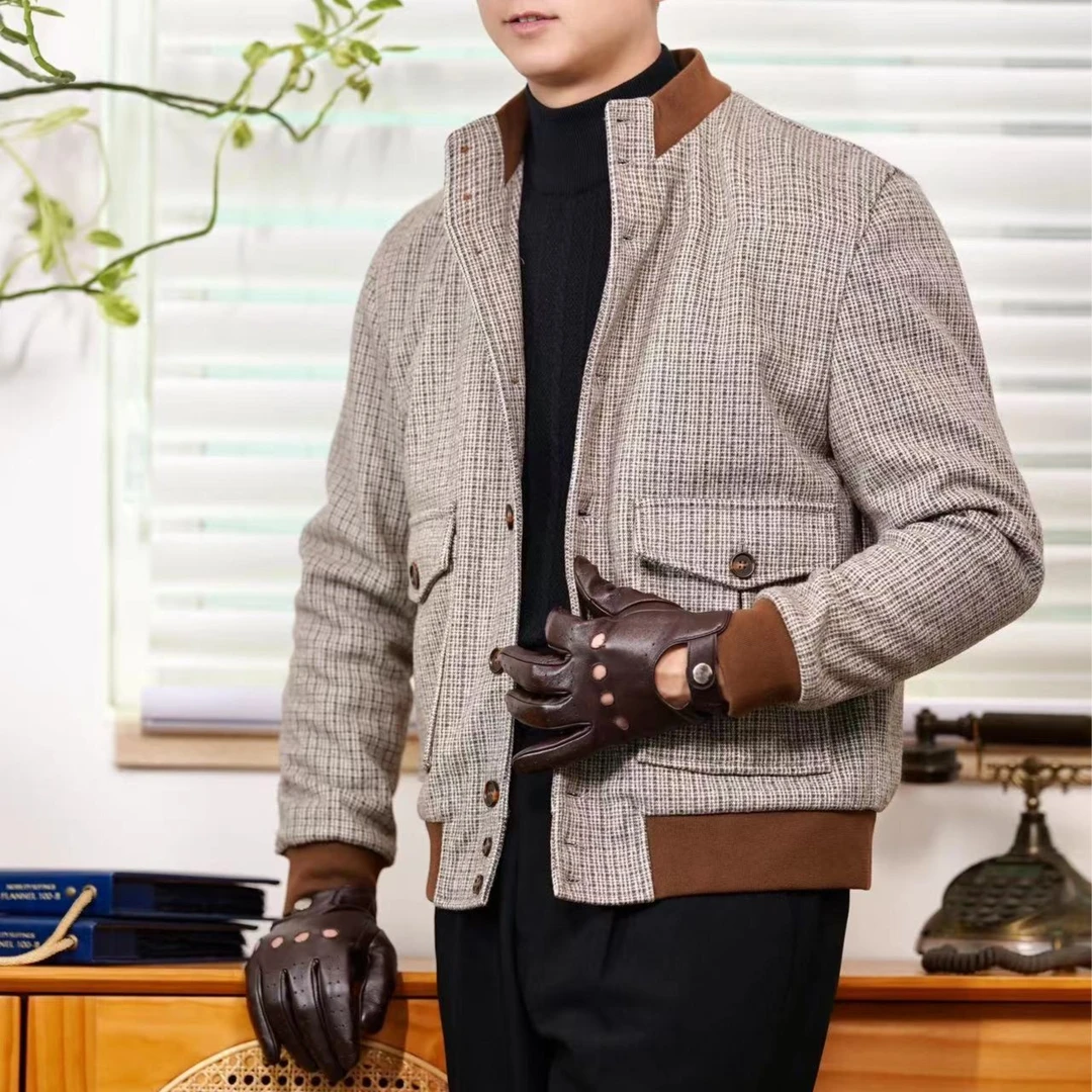 G STIOR 重磅复古千鸟格立领夹克外套