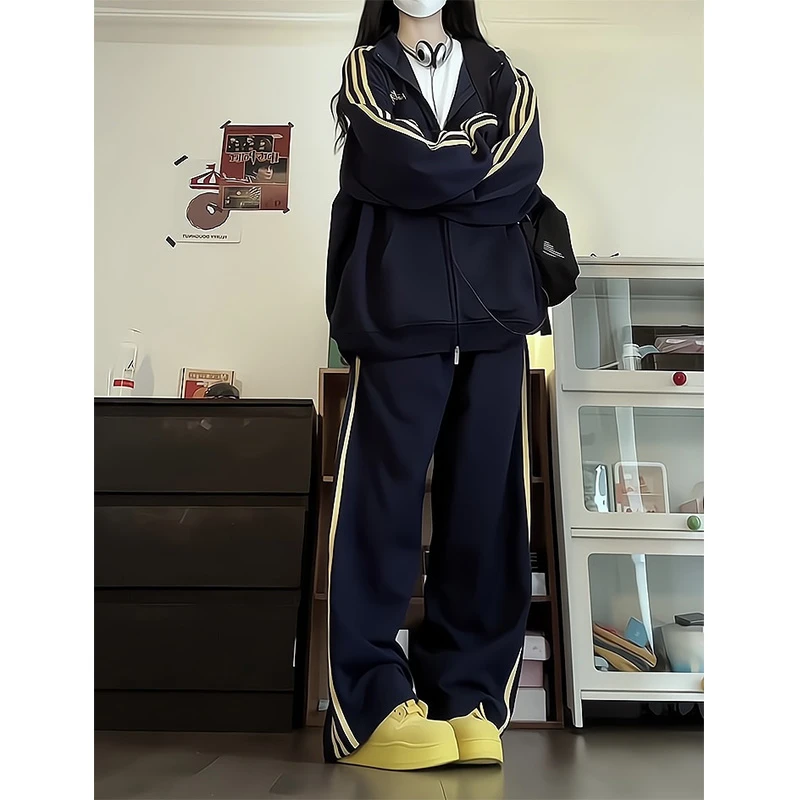 学院风休闲运动服套装女春秋美式宽松大码卫衣阔腿裤复古两件套潮