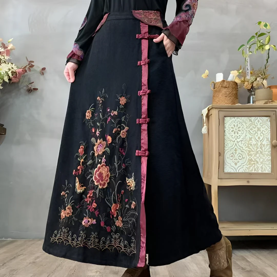 【花锦绣】秋季复古民族风下摆开叉刺绣A字半身裙国风棉麻提花显瘦