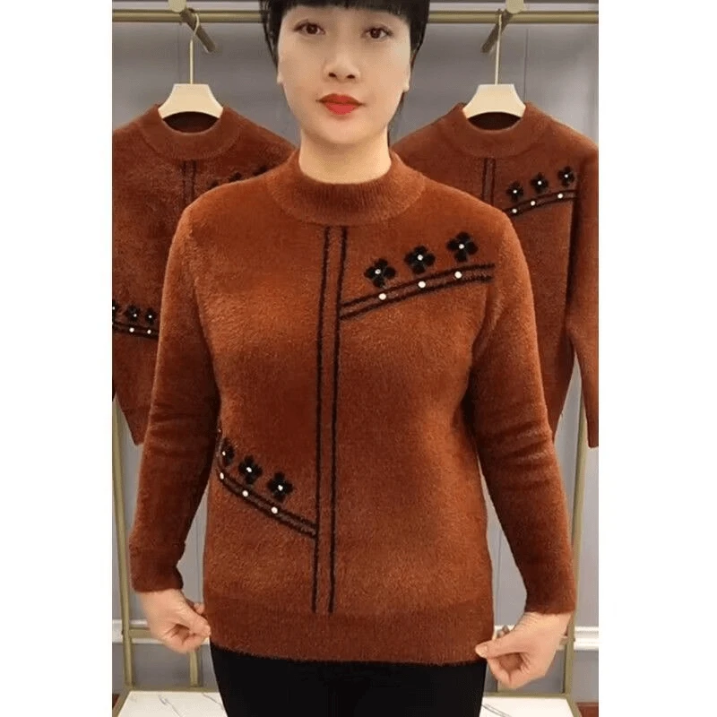 中老年仿水貂绒毛衣女秋冬季装洋气中年妈妈装加厚保暖上衣打底衫