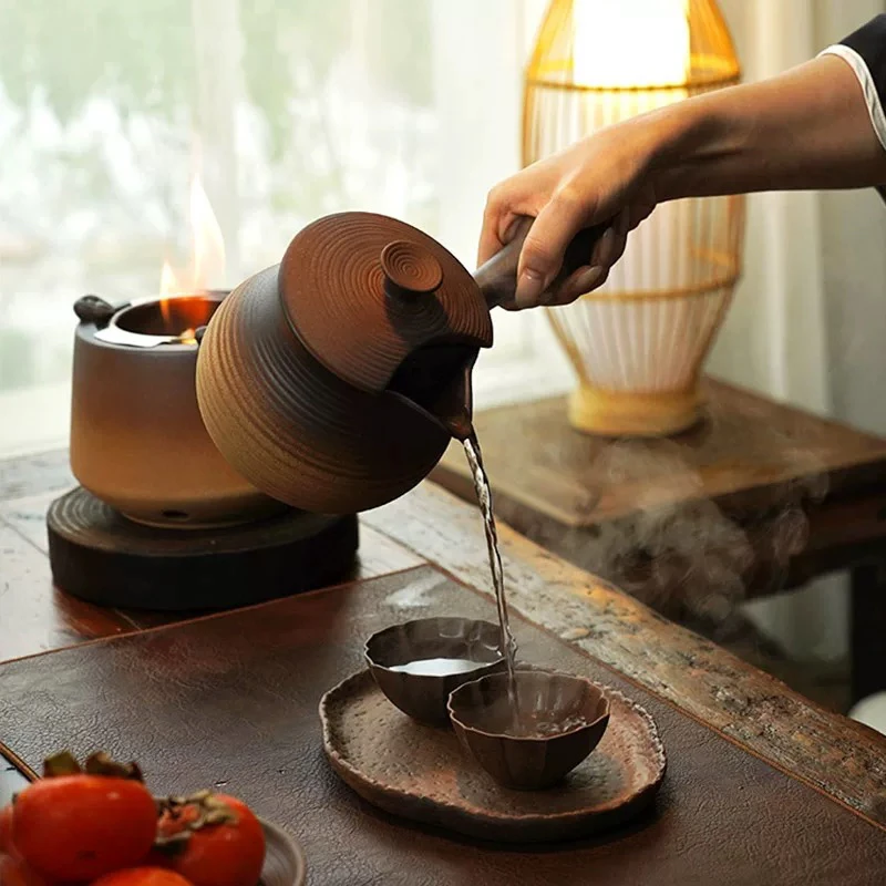 粗陶老岩泥罐罐茶壶复古围炉煮茶陶壶带盖烤奶茶罐碳炉电陶炉可用