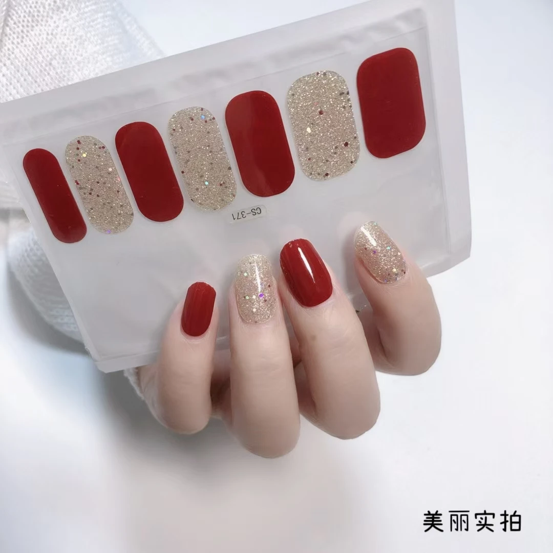 【CS-371】酒红香槟跳色*14指*防水凝胶美甲贴指  甲油膜  非穿戴甲