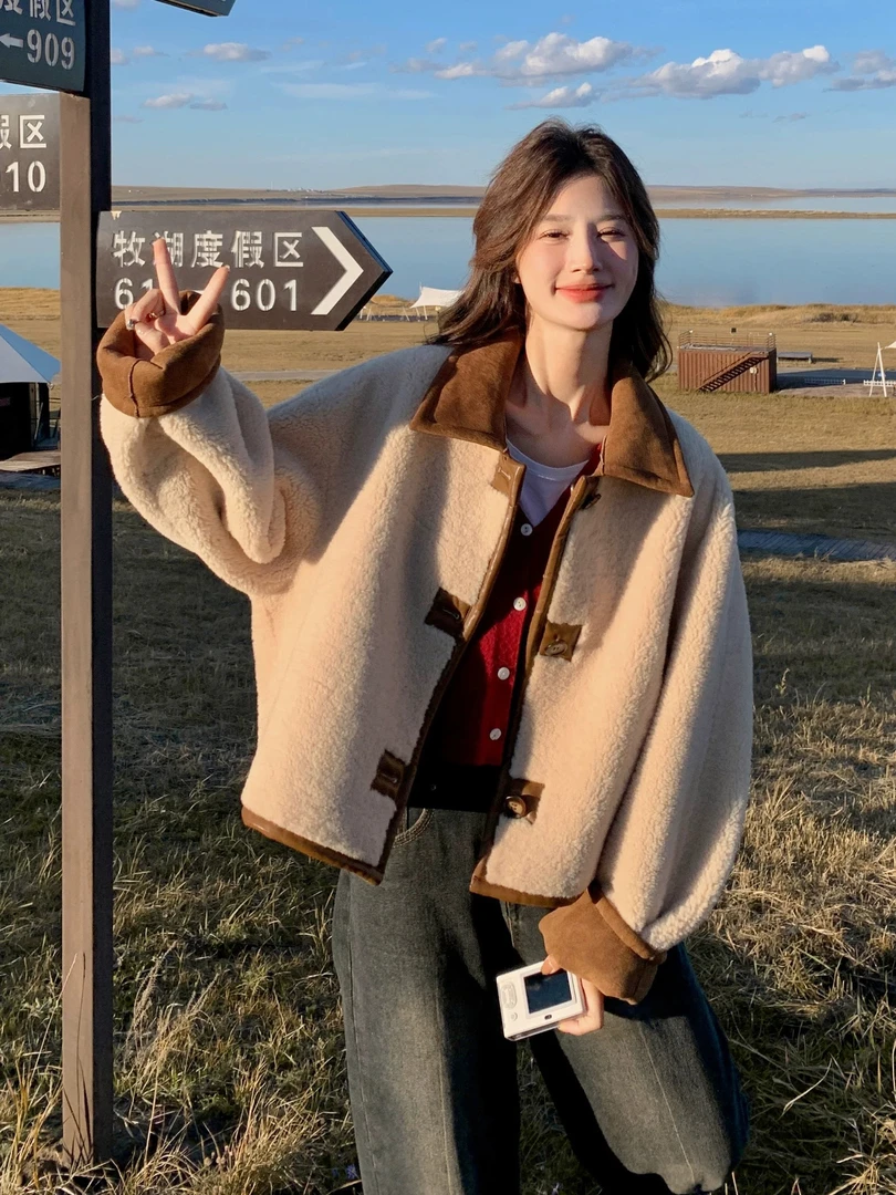 双面穿皮毛一体仿羊羔毛外套女秋季2024新款初冬加厚短款上衣机车