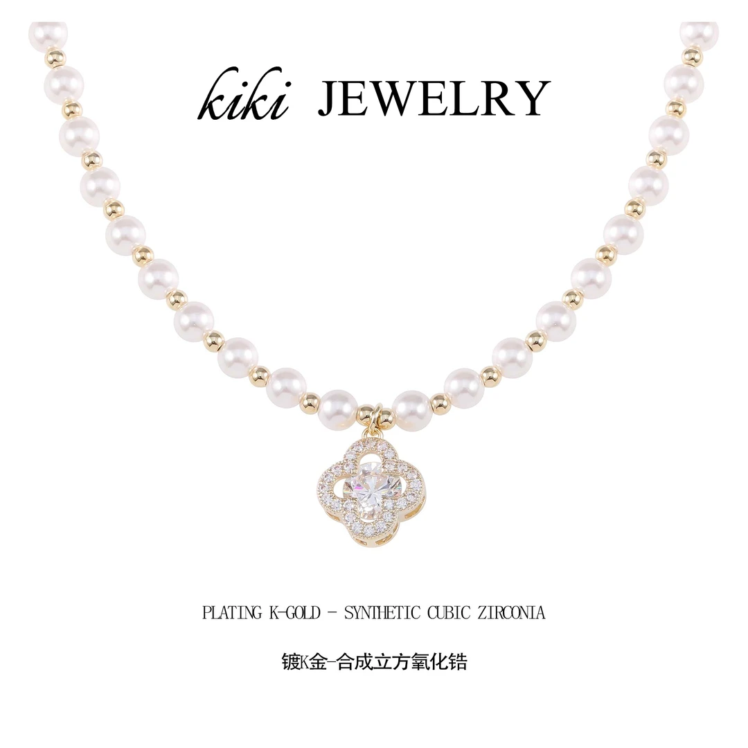 铜合金仿珍珠项链 四叶草项链镶钻女百搭时尚 N0122