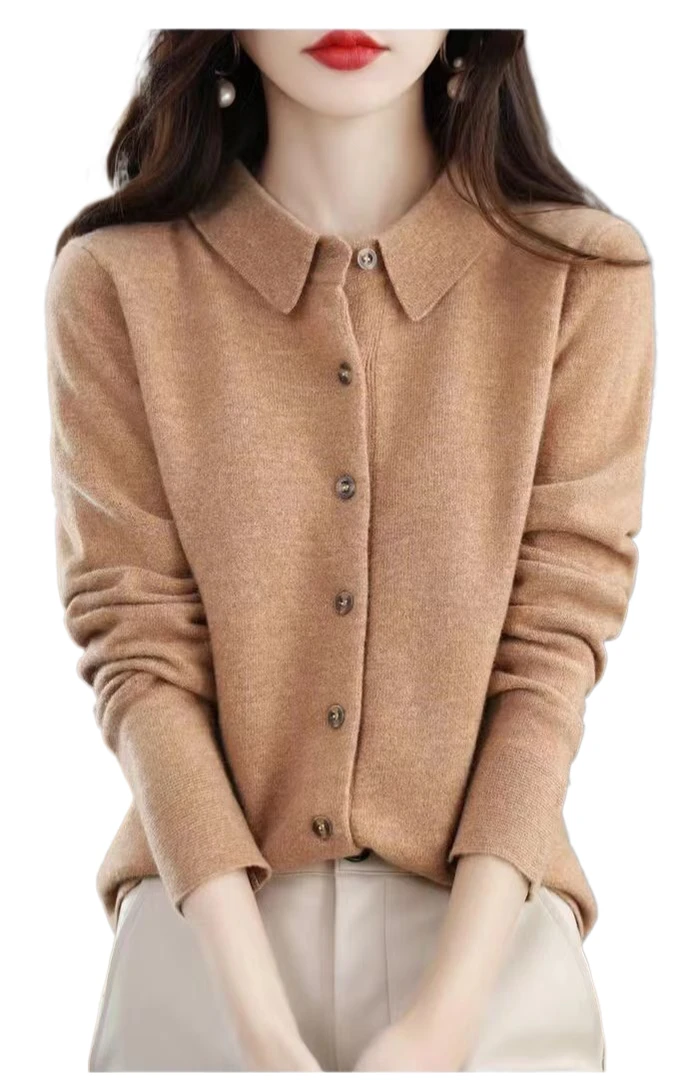 纯羊毛POLO领开衫秋季时尚百搭经典基础爆款秋冬宽松翻领女士气质