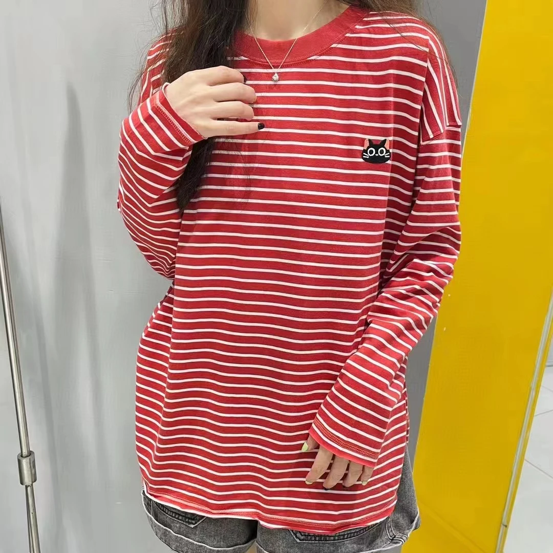 A.D.khal    猫咪打底衫180G 精梳棉条纹面料