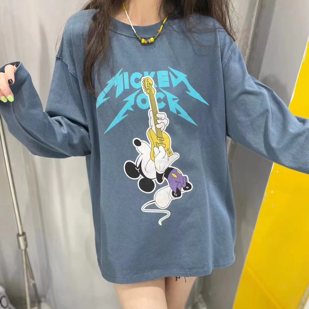 A.D.khal[滑跪摇滚米奇]美式复古拔染印花宽松休闲打底衫0122