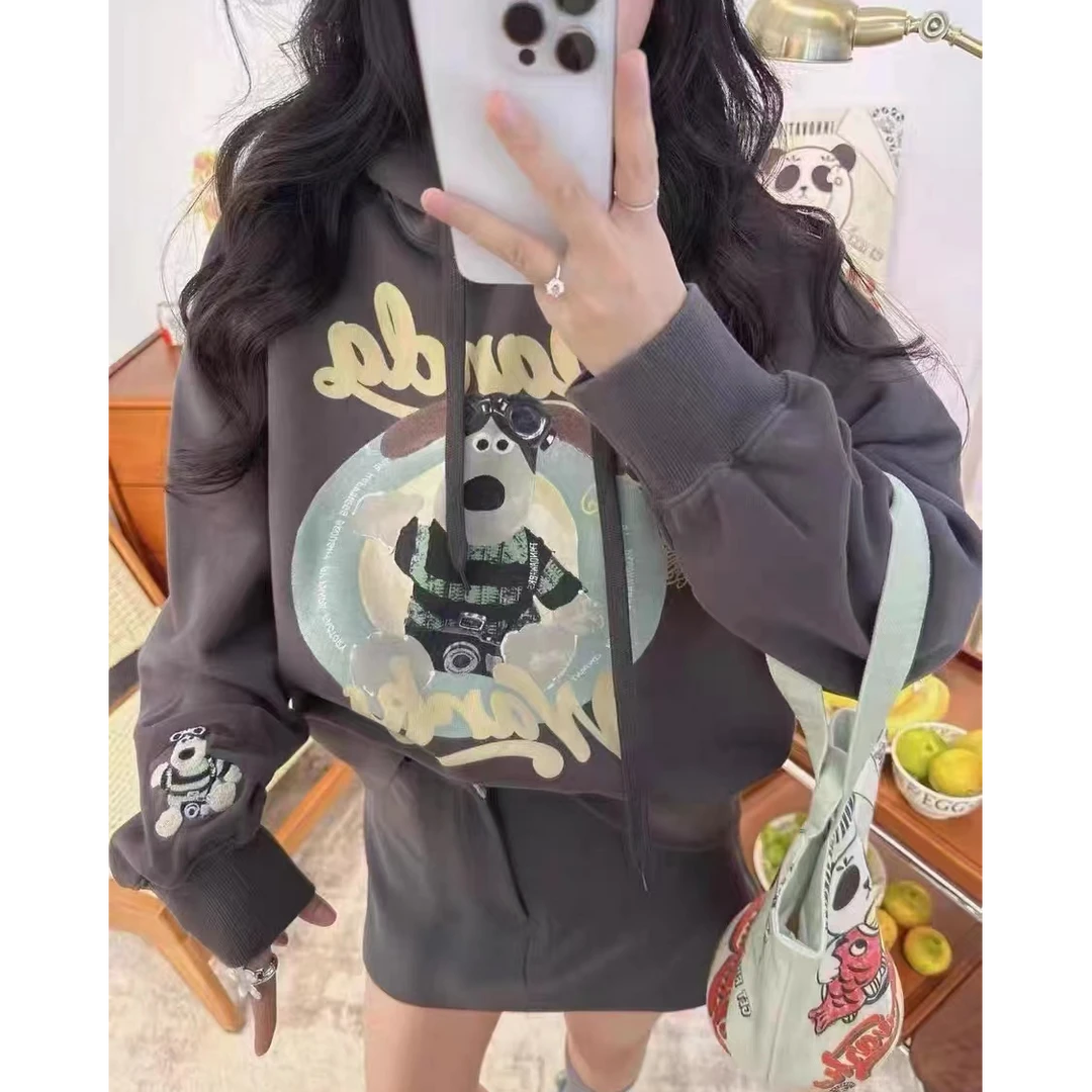 熊猫纸袋 [飞行员掌门狗]秋冬新款美式复古加厚加绒连帽卫衣24409