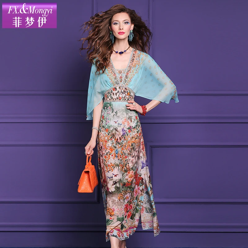 菲梦伊100%桑蚕丝定位花烫钻夏季新款碎花时尚显瘦A字连衣裙57540