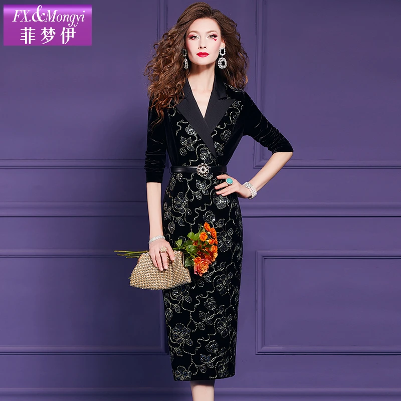 菲梦伊原创秋款新款气质西装领时尚亮片绣花丝绒连衣裙59275