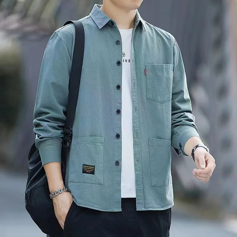 春秋季新款纯棉长袖衬衫男士港风休闲工装全棉衬衣外套宽松男装潮